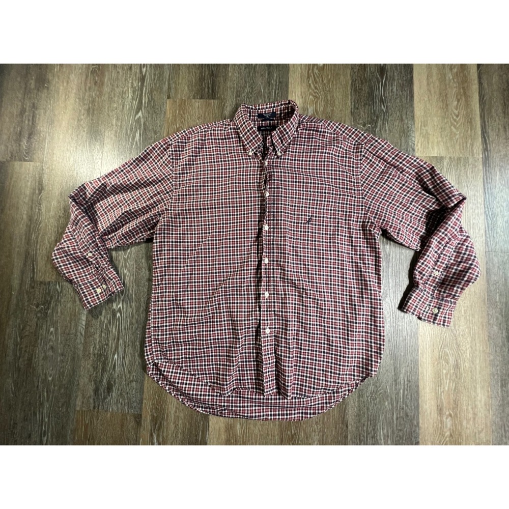 Nautica Button Down Shirt Mens XL Red Blue Plaid Long Sleeve Cotton Pocket